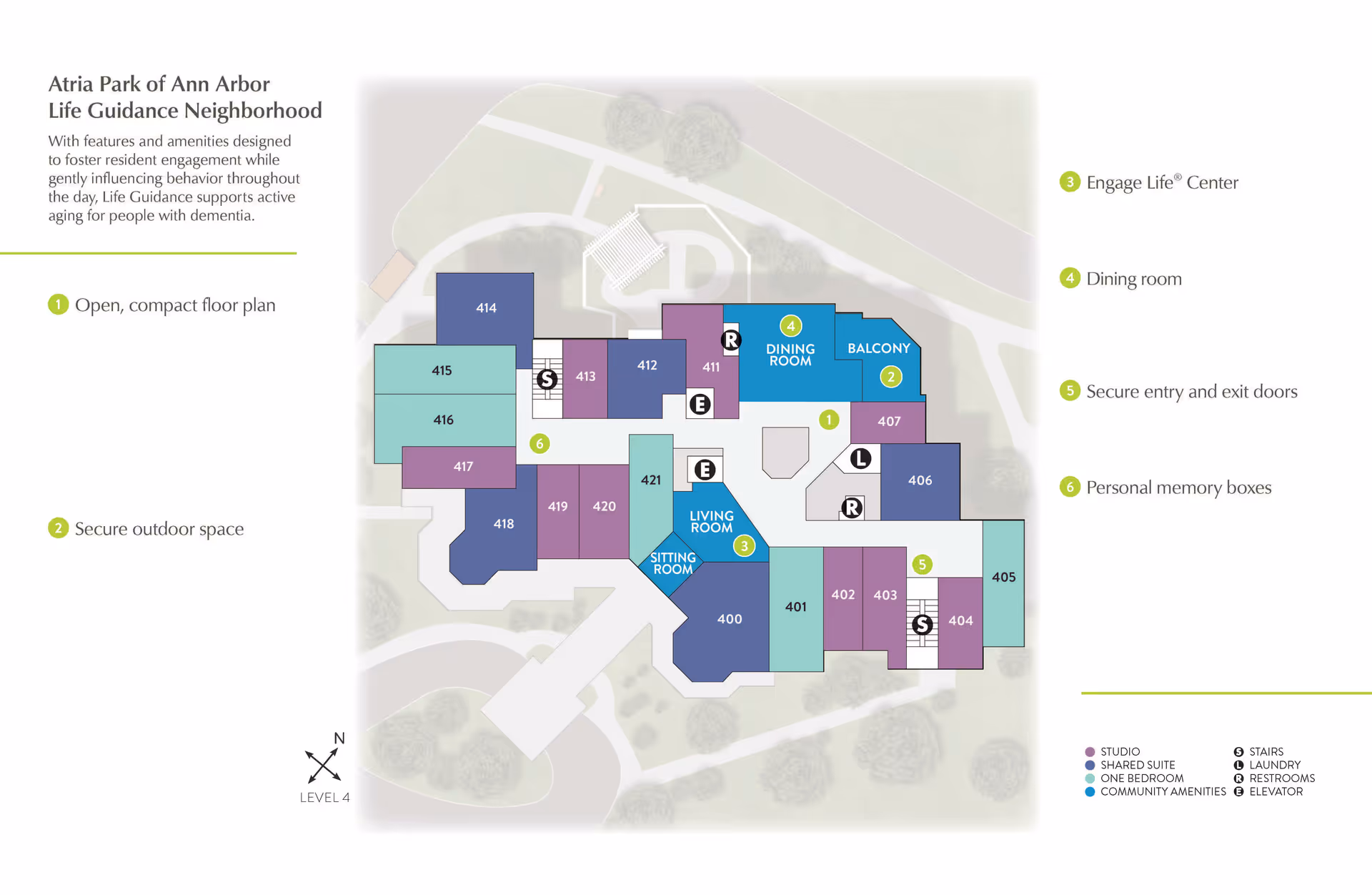 Floor plan of Atria Park of Ann Arbor Life Guidance Neighborhood showing various rooms and amenities including studios, shared suites, one-bedroom units, community amenities like dining room, living room, sitting room, balcony, stairs, laundry, restrooms, and elevators. The plan highlights features such as an open compact floor plan, secure outdoor space, Engage Life Center, secure entry and exit doors, and personal memory boxes.
