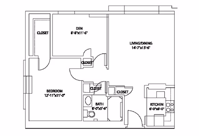 Black and white architectural floor plan of an apartment unit showing a bedroom, den, living/dining area, kitchen, bathroom, and multiple closets with dimensions labeled.