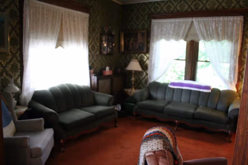 A cozy living room with vintage decor featuring two green upholstered sofas, a gray armchair, a wooden side table with a lamp, lace curtains on the windows, and patterned wallpaper. There is a crocheted blanket draped over one sofa and another blanket on a footrest in the foreground.