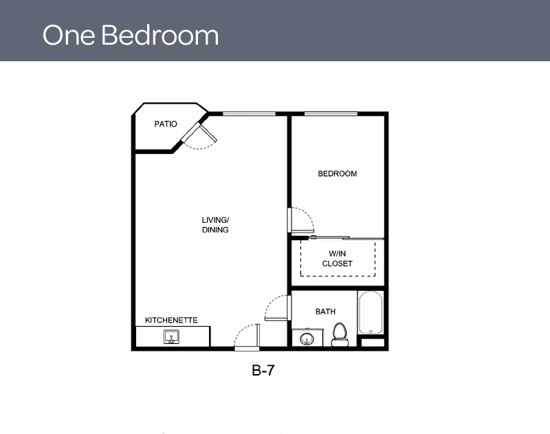 Floor plan of a one-bedroom apartment at Independence Village of Evansville showing a patio, living/dining area, kitchenette, bedroom with walk-in closet, and a bathroom.
