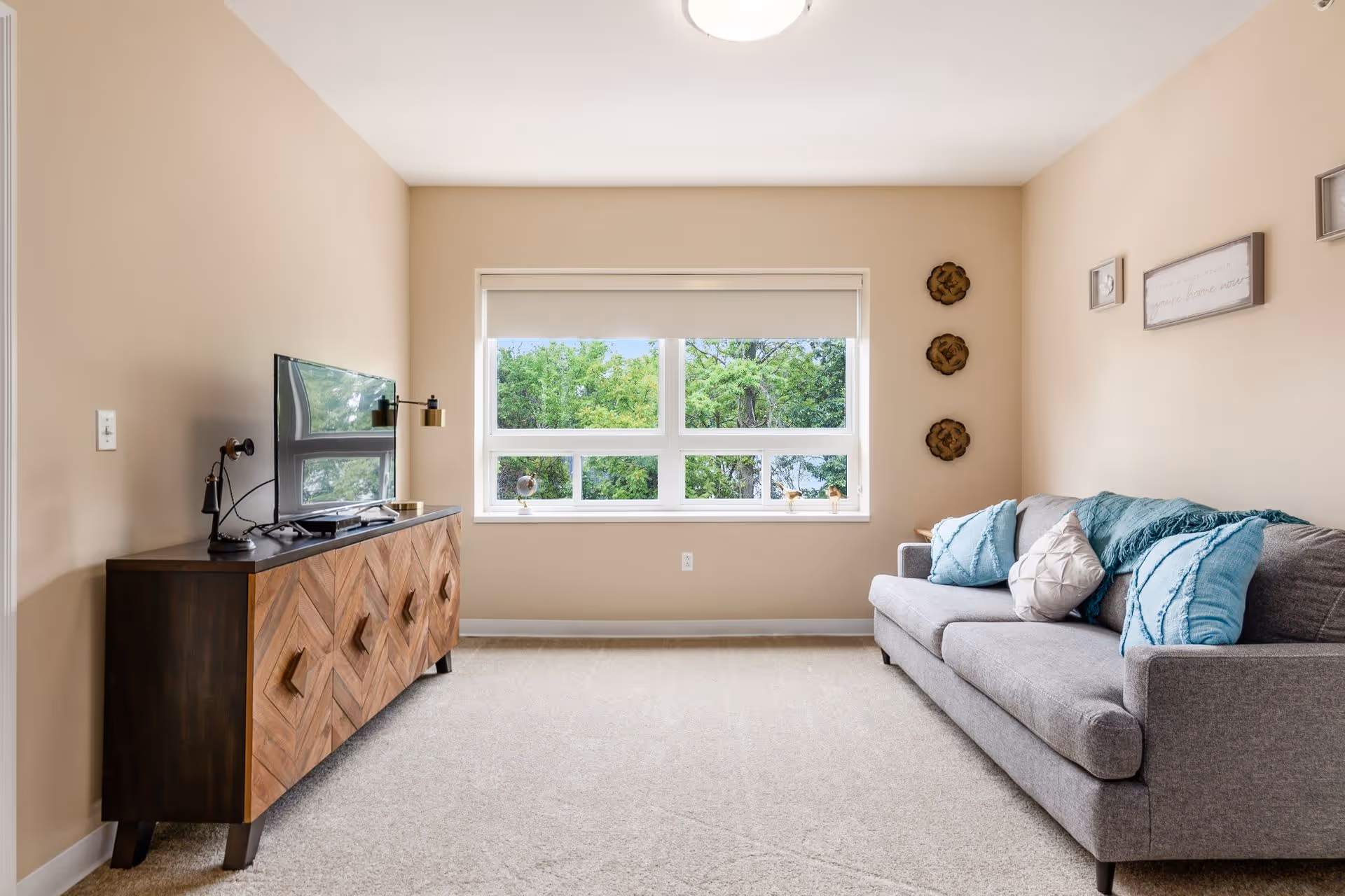 A bright living room with beige walls and carpeted floor. There is a large window with a view of green trees outside. On the left side, a wooden TV stand with a geometric pattern holds a flat-screen TV and a small lamp. On the right side, a gray sofa is adorned with blue and white pillows and a blue throw blanket. Wall decorations include three circular wooden pieces and framed artwork.