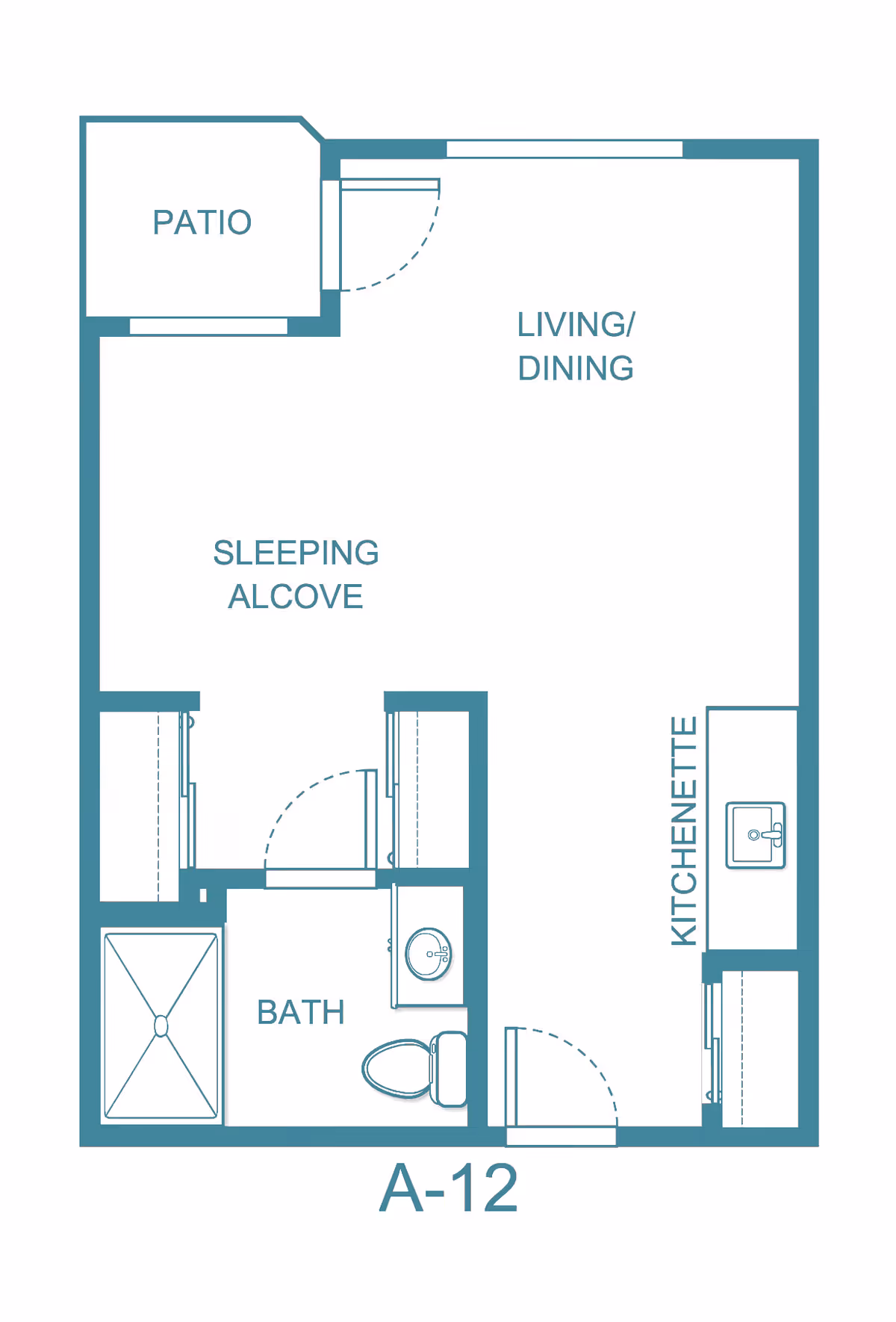 Floor plan layout of a senior living unit labeled A-12, featuring a patio, living/dining area, sleeping alcove, bath with shower and toilet, and a kitchenette with a sink.