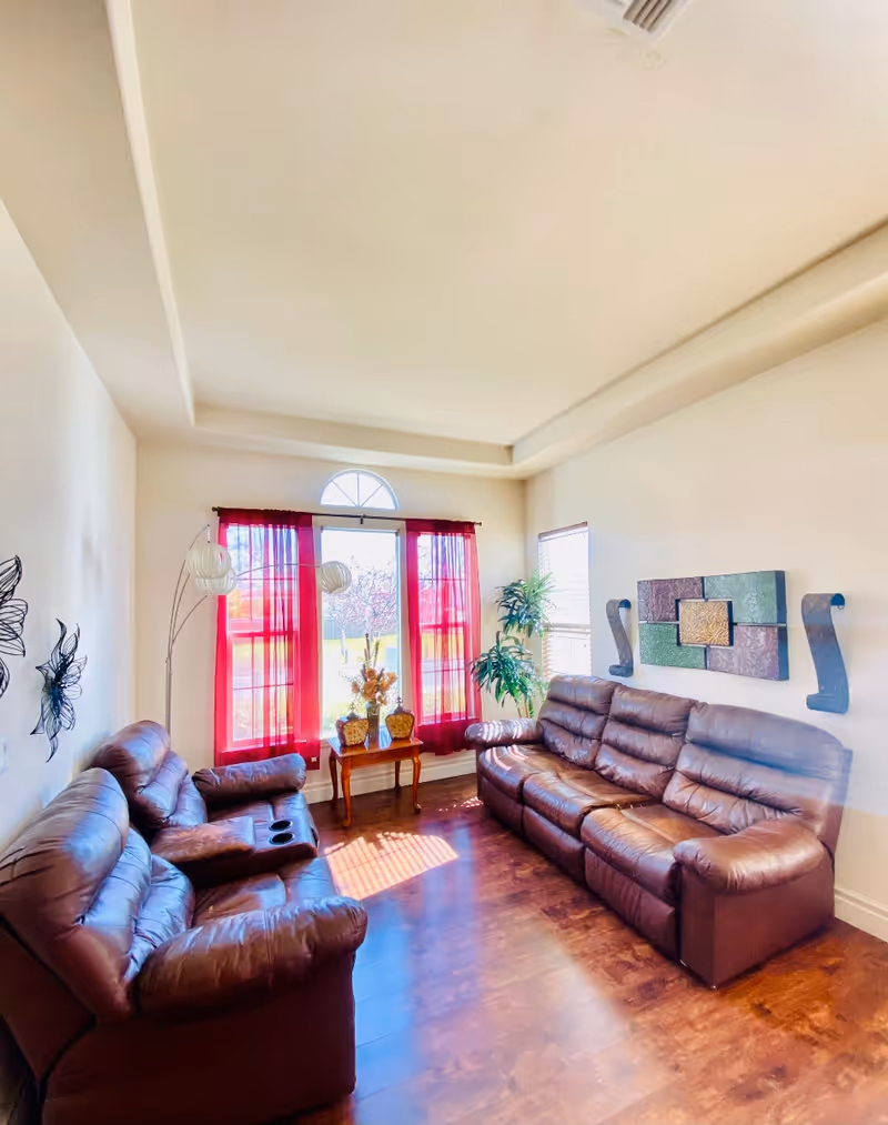 A bright living room with two brown leather sofas facing each other, a wooden floor, a small wooden table with decorative items in front of a window with red curtains, and wall decorations including metal butterfly art and a colorful abstract piece.
