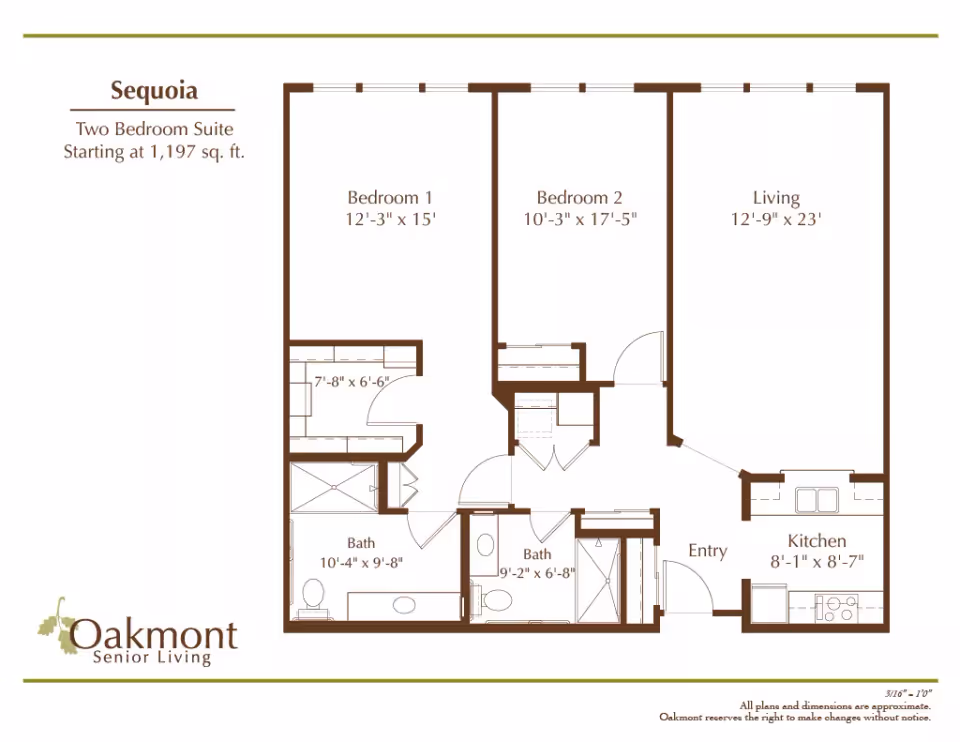 Floor plan of the 'Sequoia' two-bedroom suite showing labeled bedrooms, living room, kitchen, baths, and the Oakmont Senior Living logo.