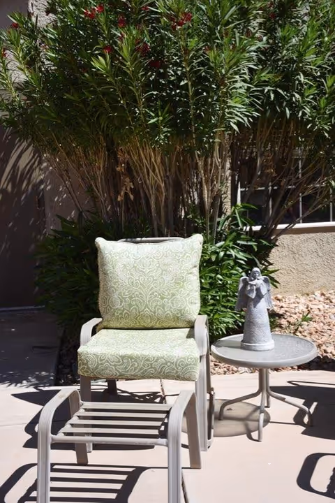Outdoor patio area with a cushioned chair featuring a green patterned cushion, a matching footrest, and a small round table with a decorative angel statue on top. Behind the chair is a tall leafy shrub and part of a building wall with a window.