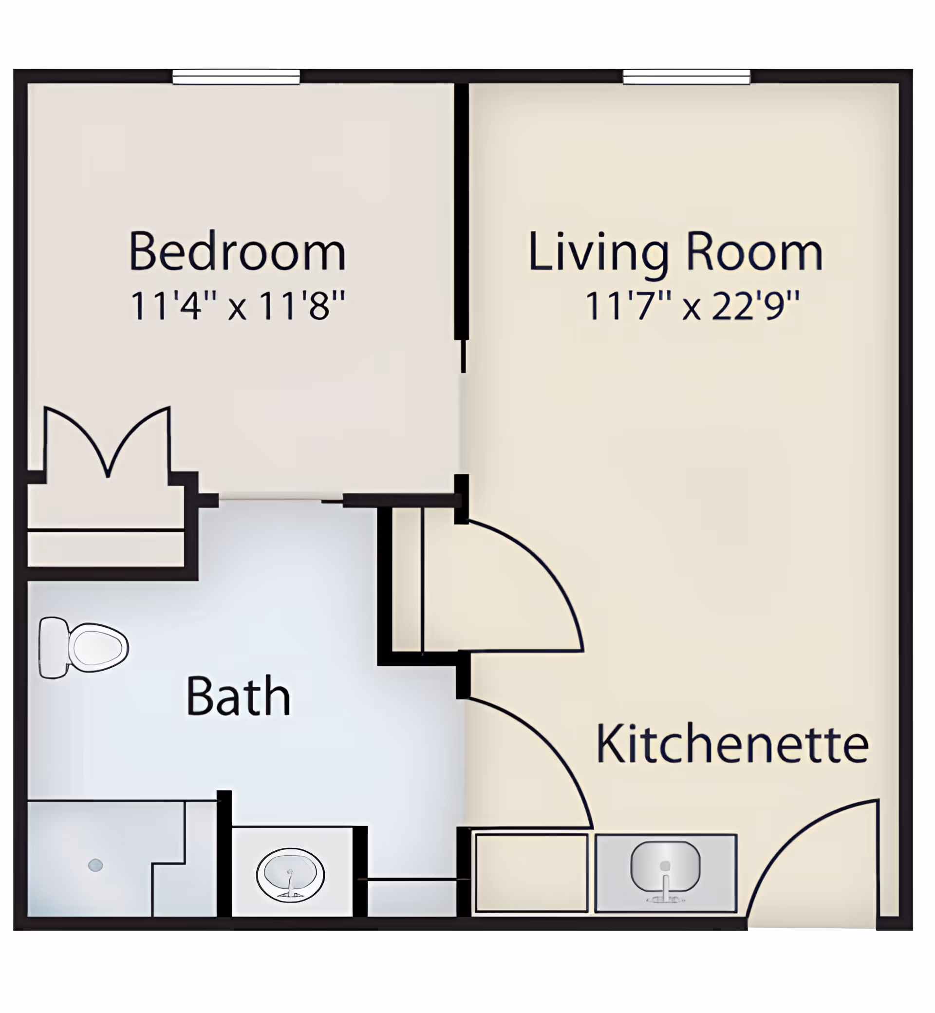 Floor plan of a one-bedroom apartment showing a bedroom, living room, bath, and kitchenette with room dimensions.