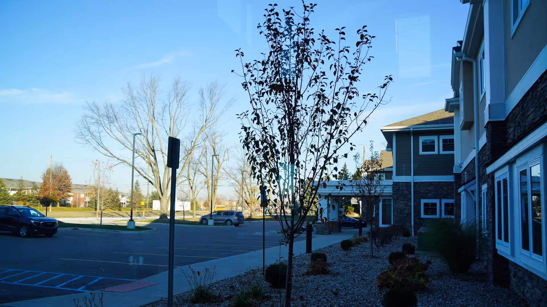 Exterior view of a senior living facility named Serene Gardens of Sterling Heights showing a parking lot with a few cars, a sidewalk, landscaped area with small trees and bushes, and part of the building with multiple windows under a clear blue sky.