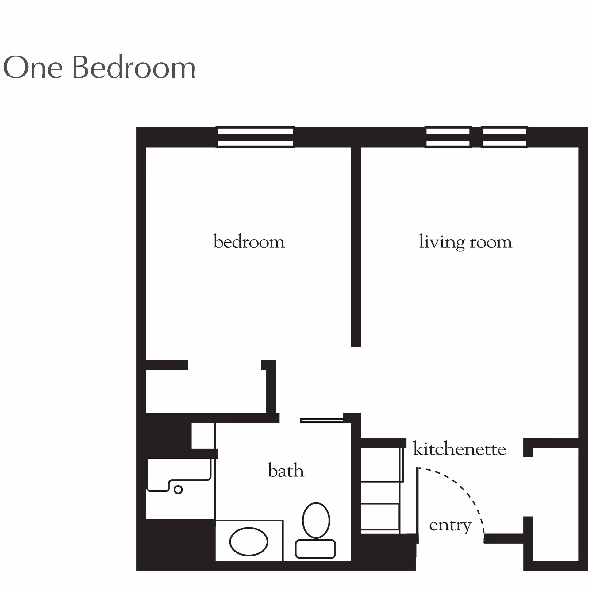 Floor plan labeled 'One Bedroom' showing a bedroom, living room, kitchenette, entry and a bathroom in a simple black-and-white layout.