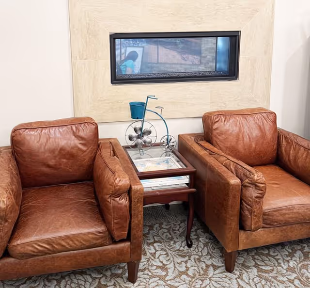 Two brown leather armchairs with a small wooden side table between them, featuring a decorative metal bicycle sculpture. Behind the chairs is a wall with a rectangular window or fireplace insert, and a patterned carpet on the floor.