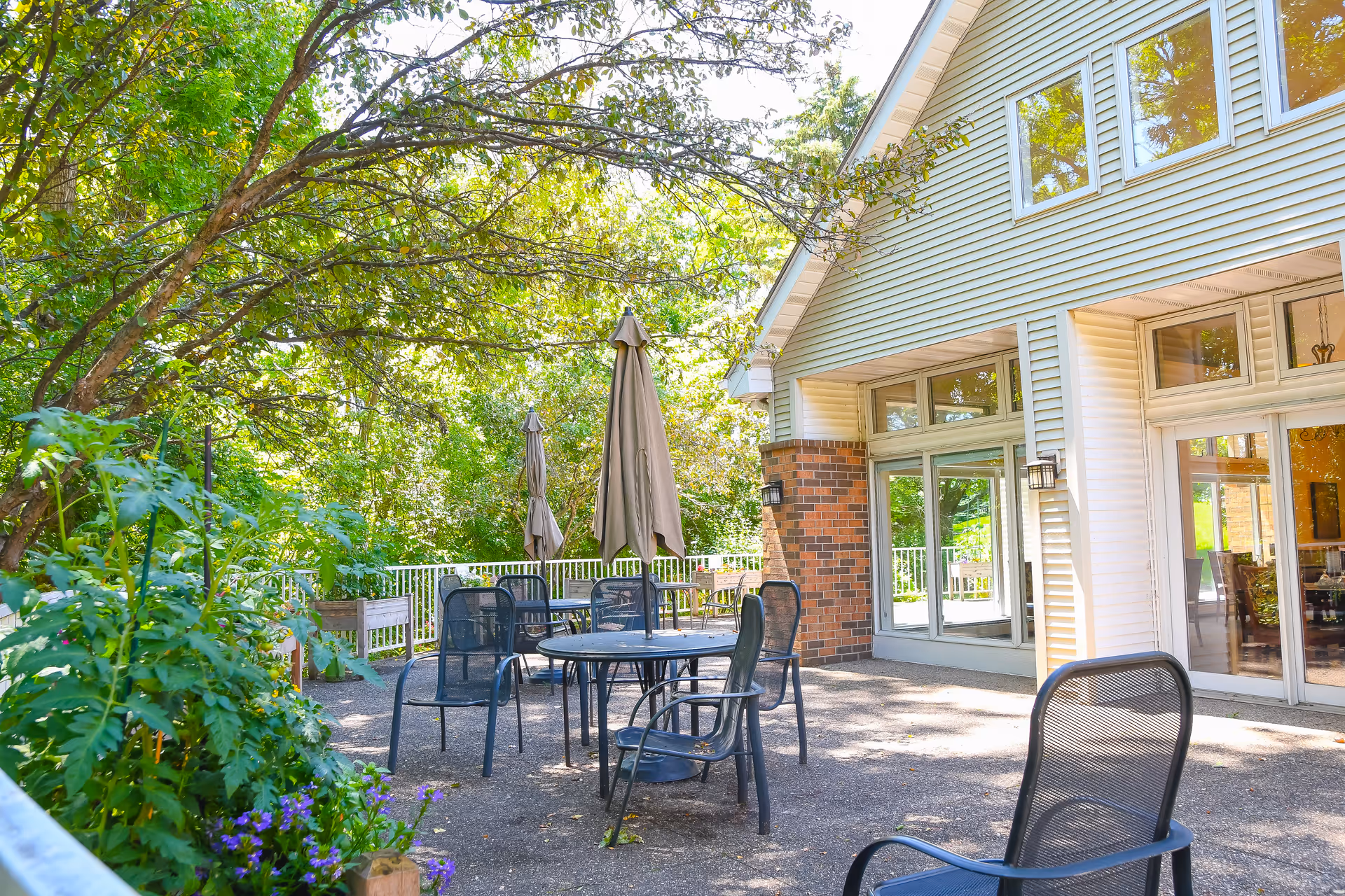 Outdoor patio area with several black metal chairs and round tables with closed umbrellas, surrounded by lush green trees and plants. The patio is adjacent to a building with large windows and light-colored siding.