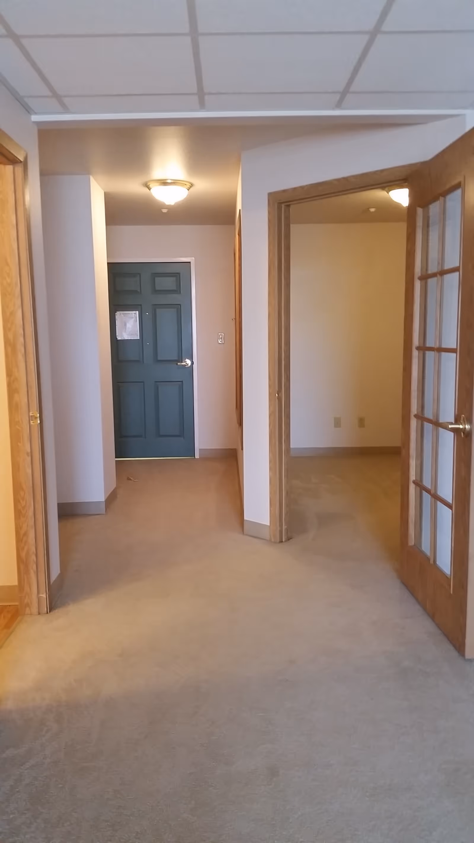 Carpeted interior hallway of a senior living unit with a green entrance door at the end and an open glass-paneled door on the right.