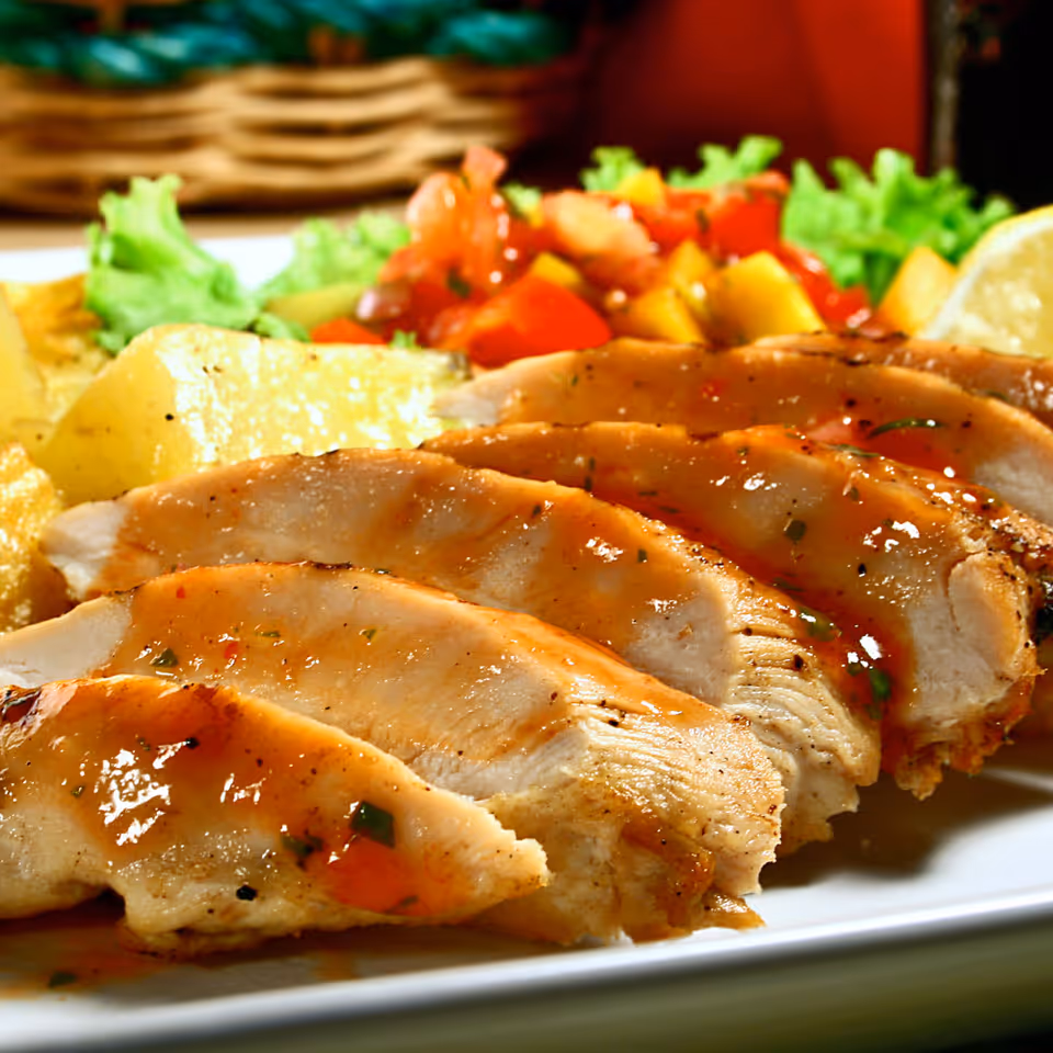 Close-up of a plate with sliced grilled chicken breast topped with a glaze, accompanied by roasted potatoes, a fresh tomato and vegetable salad, and lettuce garnish.