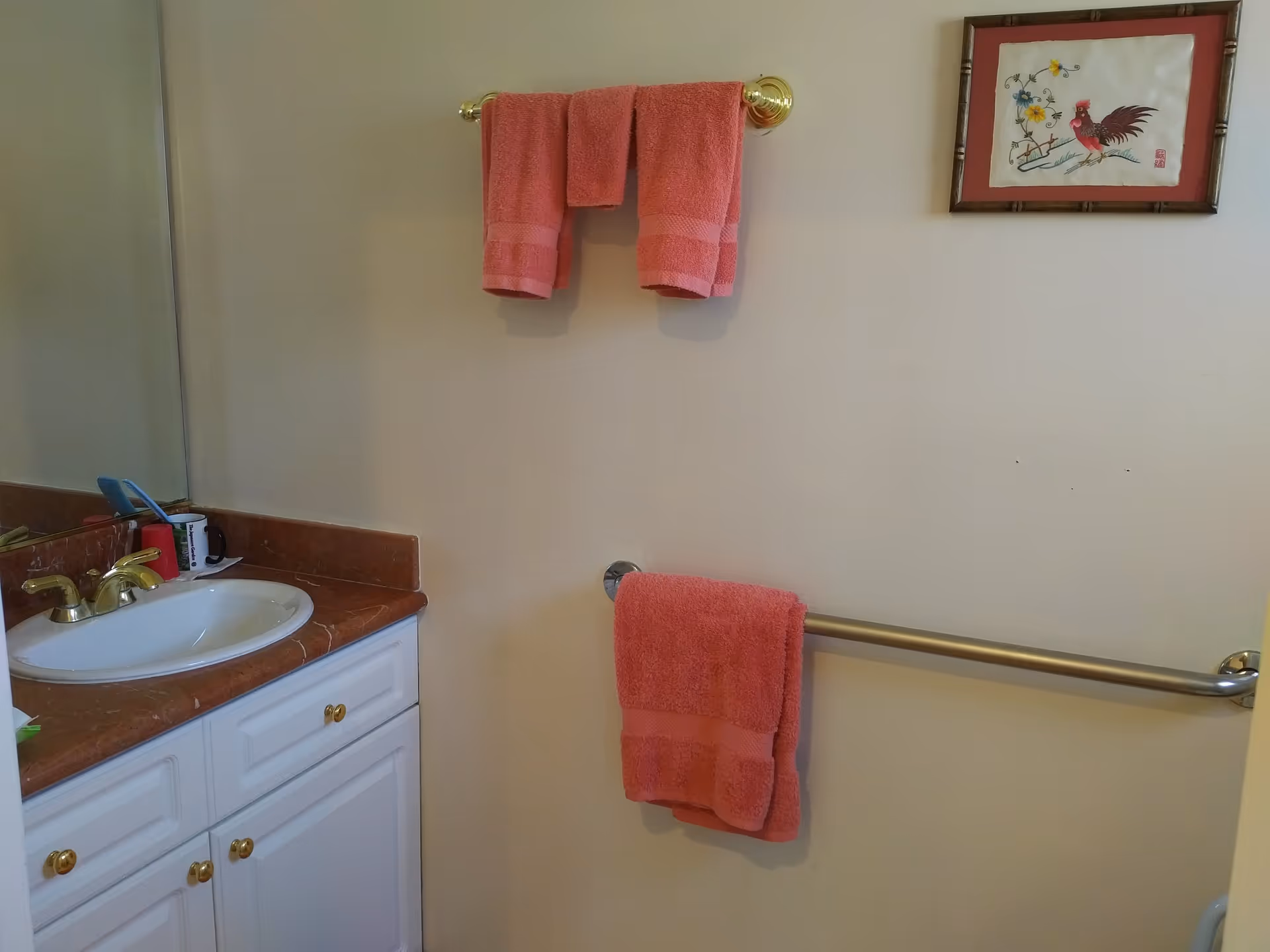 Bathroom interior with a white sink and brown countertop, gold faucet, two pink towels hanging on gold and silver towel bars, and a framed picture of a rooster on the wall.