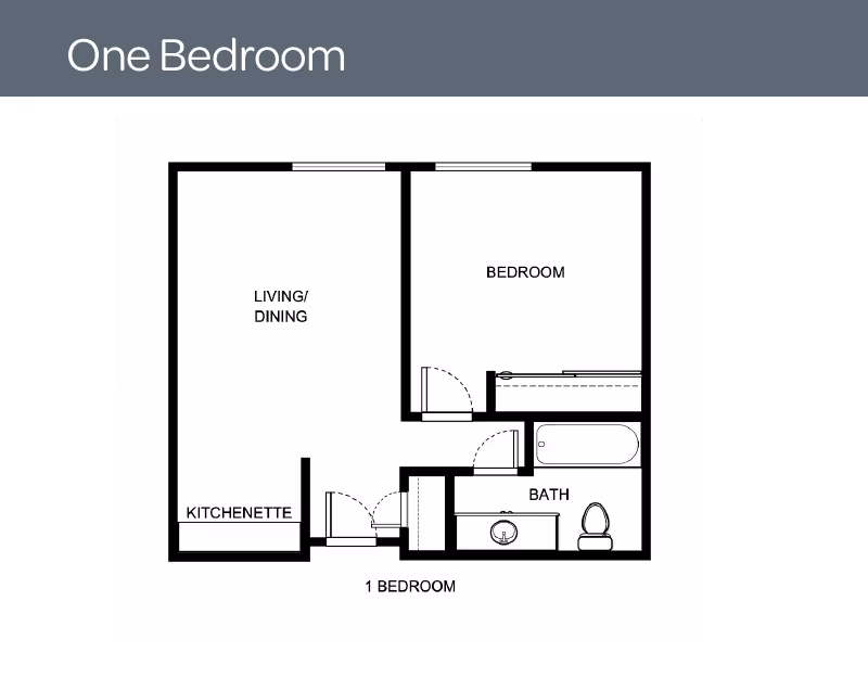 Floor plan layout of a one-bedroom unit at Holiday Edgewood Downs, showing a living/dining area, kitchenette, bedroom, and bathroom with a bathtub, sink, and toilet.