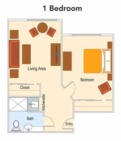 Floor plan of a one-bedroom apartment showing a living area with sofa, chairs, and table, a bedroom with a bed and chair, a kitchenette, a bathroom with toilet and sink, a closet, and an entry area.