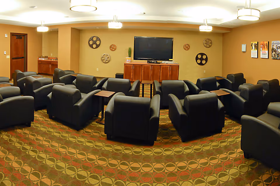 Carpeted media/lounge room with multiple black recliner chairs arranged facing a wall-mounted television and wooden cabinet.