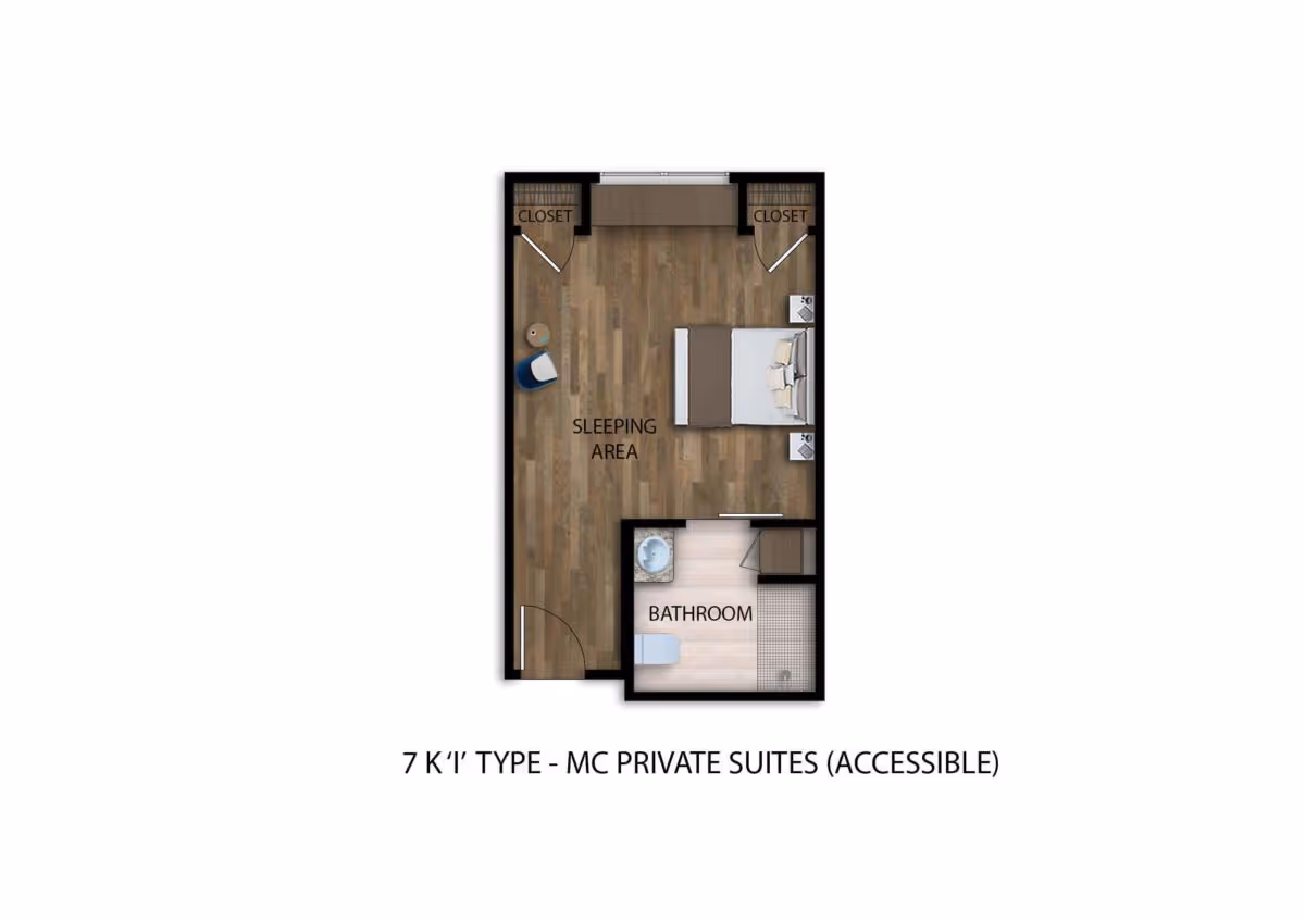 Top-down floor plan of an accessible private suite showing a sleeping area with bed and closets and a separate bathroom.