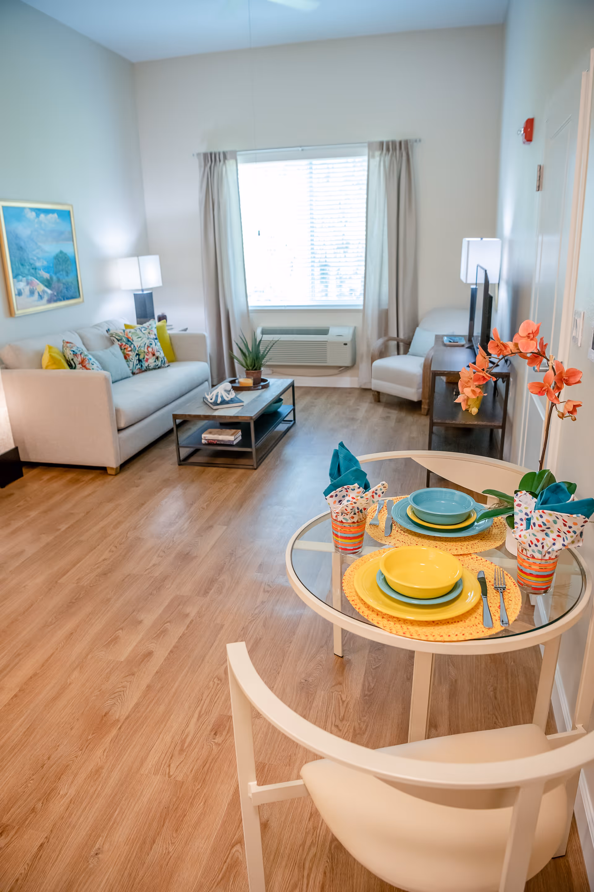 A bright and cozy living area in a senior living facility featuring a small round dining table set for two with colorful plates and napkins, a beige sofa with decorative pillows, a coffee table with a plant and decorative items, an armchair, a TV on a stand, and a large window with curtains letting in natural light.