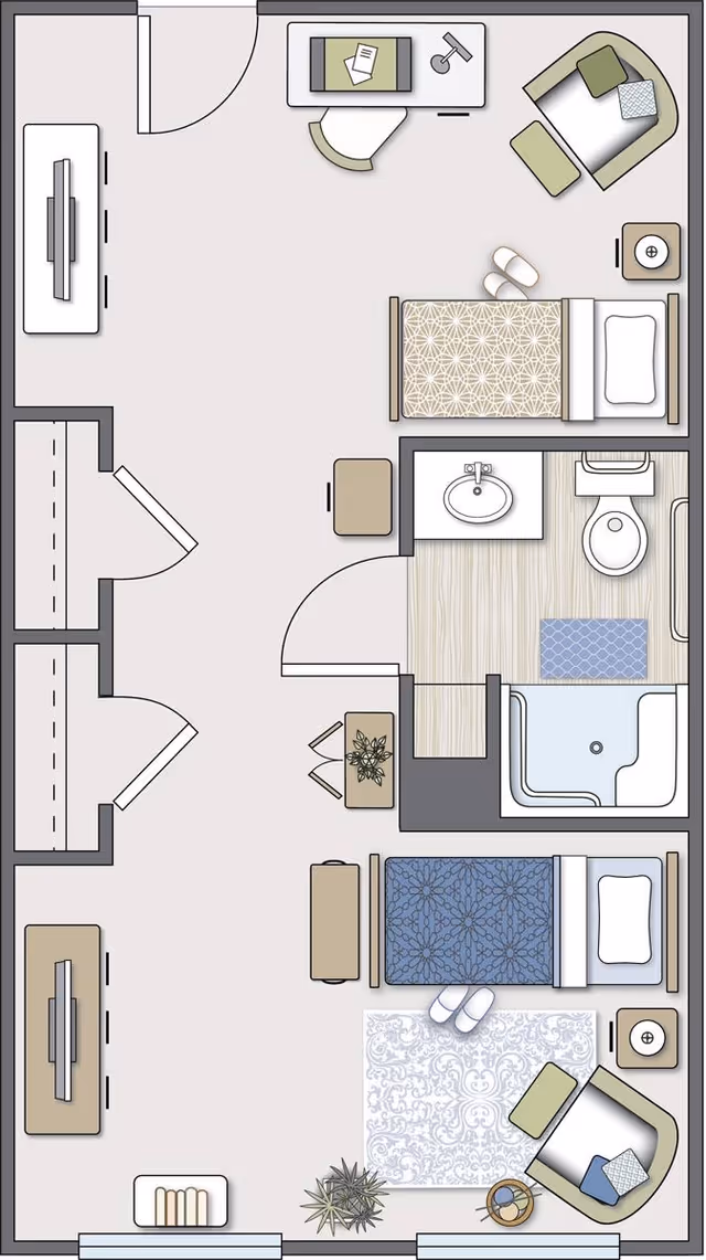 Floor plan of a senior living facility room at Antebellum James Burgess showing two separate sleeping areas each with a bed, nightstand, chair, and slippers. The room includes a shared bathroom with a sink, toilet, and shower. There are closets near the entrance and a TV in each sleeping area.