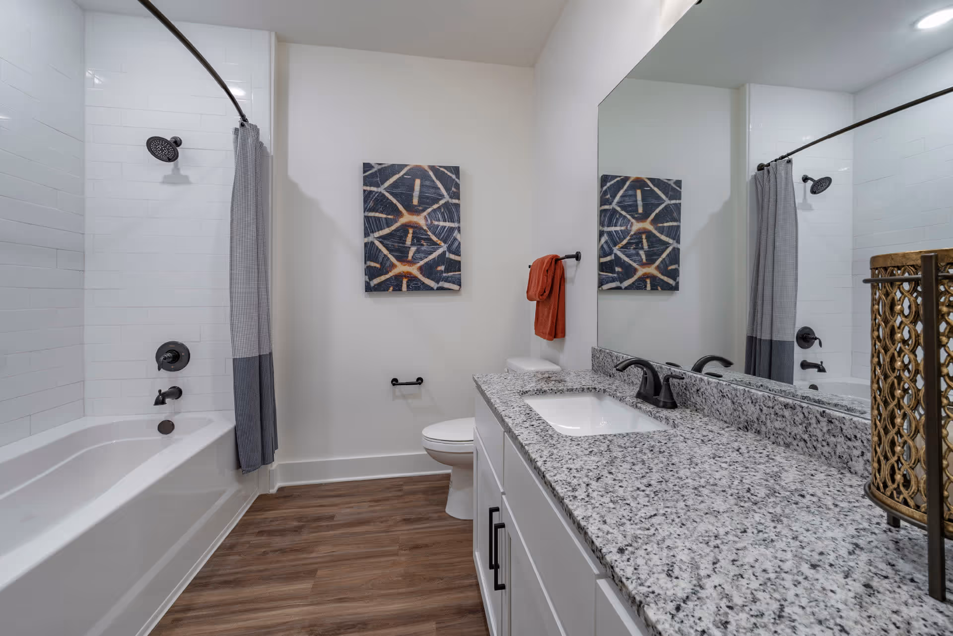 A modern bathroom featuring a white bathtub with a showerhead and a gray and white shower curtain. The bathroom has a granite countertop with a sink and black faucet, white cabinets, a toilet, a towel rack with a red towel, and a decorative wall art piece above the toilet. The floor is wood-style, and a large mirror is mounted above the countertop.