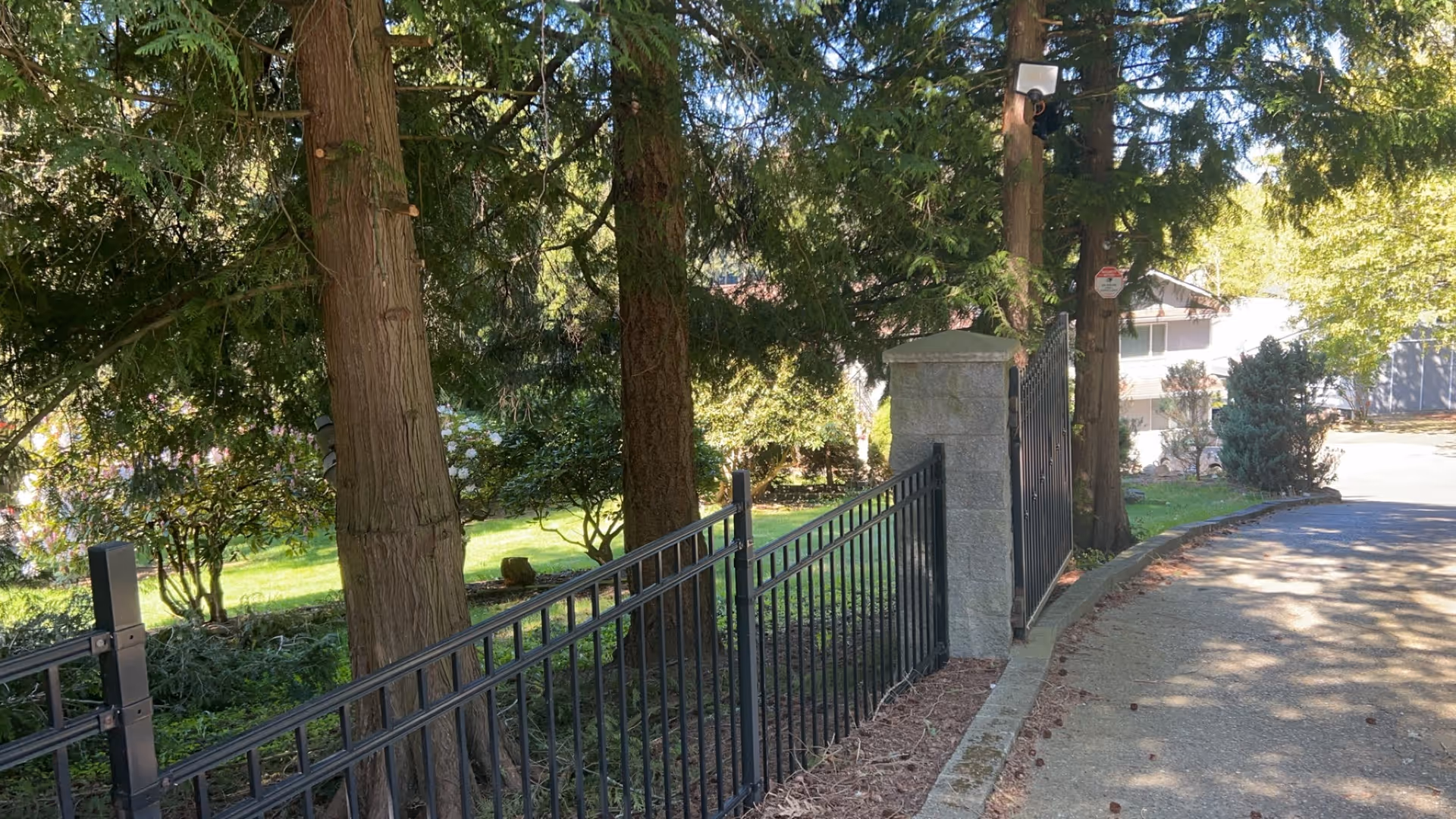 Driveway bordered by a metal fence and stone gate pillar with tall trees and a lawn leading to a house in the background.