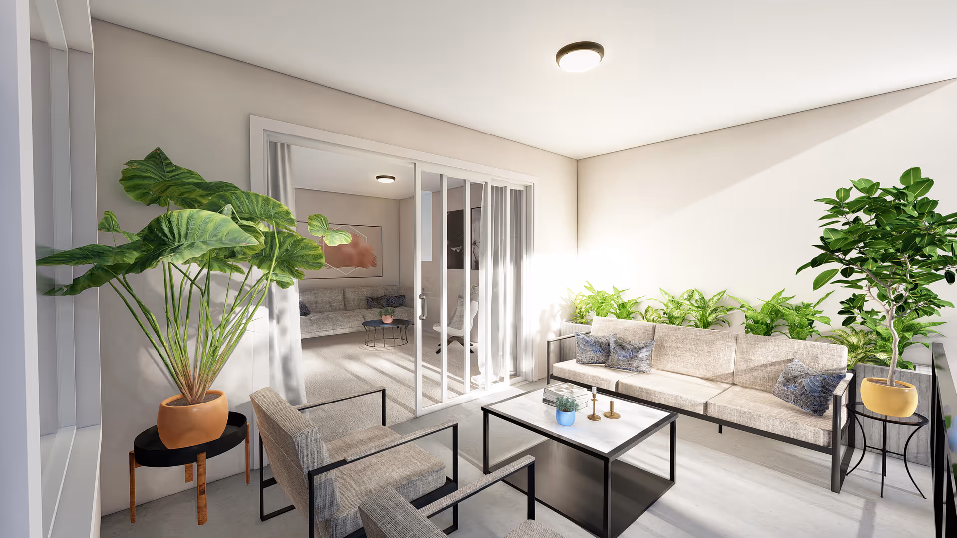 Sunlit modern living area with a sofa, armchairs, coffee table and numerous potted plants next to sliding glass doors.