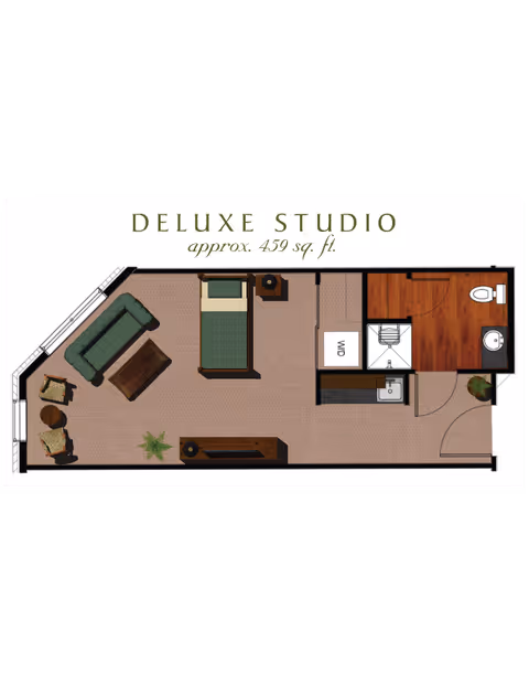 Floor plan of a deluxe studio apartment approximately 459 square feet, featuring a living area with a sofa, coffee table, two chairs, and a TV stand. The sleeping area has a bed and nightstand. There is a kitchen area with a sink and washer/dryer unit, and a separate bathroom with a toilet and sink.