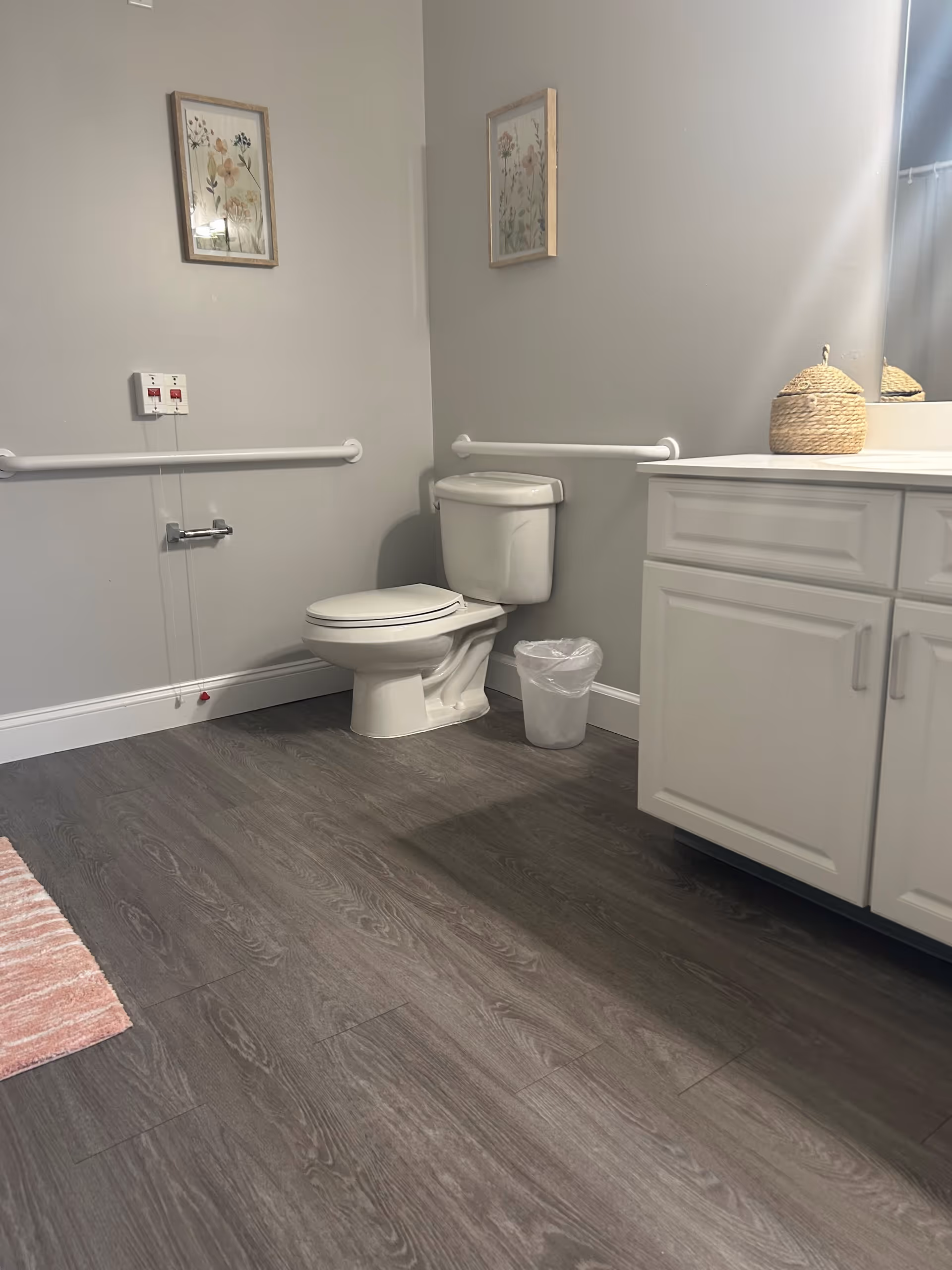 A clean bathroom with a white toilet, white vanity with cabinets, a small trash can, and two framed floral pictures on the light gray walls. There are grab bars installed on the walls near the toilet, and a pink rug is partially visible on the dark wood floor.