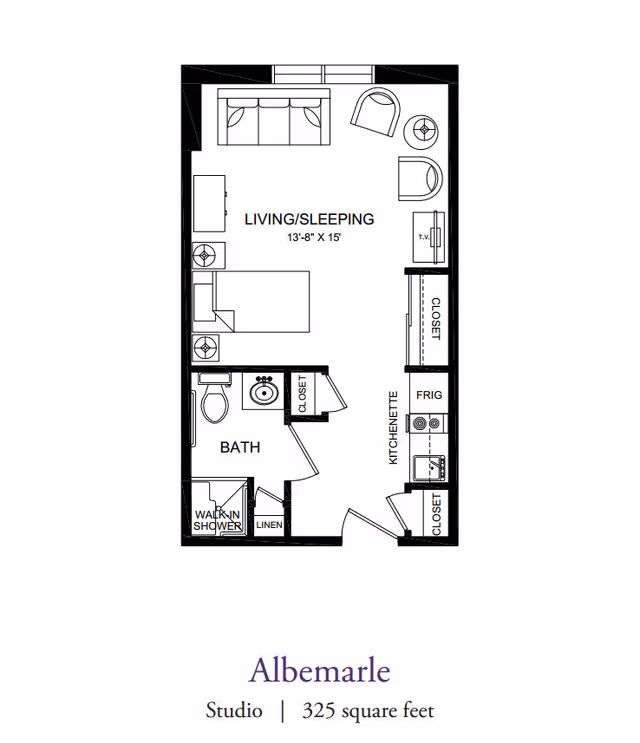 Black-and-white studio floor plan labeled 'Albemarle' showing a living/sleeping area, kitchenette, bathroom with walk-in shower, closets, and room dimensions.