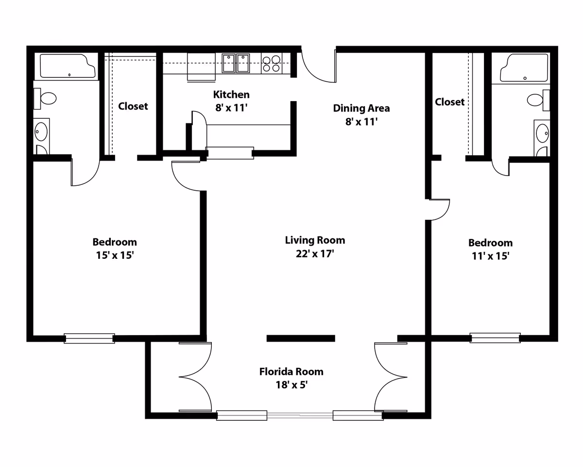 Black and white architectural floor plan of a residential unit at Cascades at Delray Beach showing two bedrooms, two bathrooms, a kitchen, dining area, living room, closets, and a Florida room with dimensions labeled for each area.