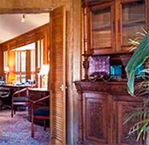 Interior view of a room with wooden furniture including a cabinet with glass doors and a table with chairs. The room has carpeted flooring and warm lighting, with a plant partially visible on the right side.
