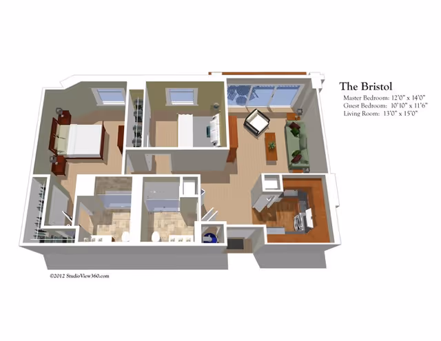 3D floor plan of The Bristol apartment featuring a master bedroom with a bed and nightstands, a guest bedroom with a bed and dresser, a living room with a sofa, armchair, coffee table, and sliding glass doors leading to a balcony, a kitchen with appliances and cabinetry, and two bathrooms with sinks and toilets.