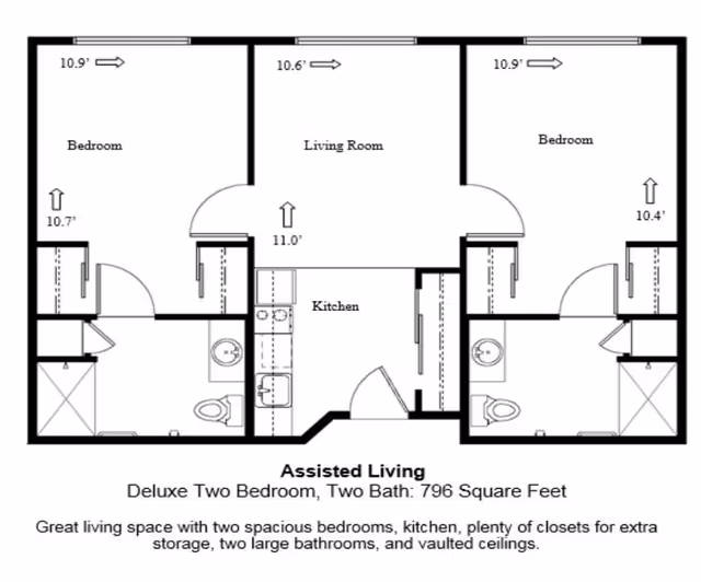 Floor plan of an assisted living deluxe two-bedroom, two-bath apartment with 796 square feet. The layout includes two bedrooms, two bathrooms, a kitchen, a living room, and multiple closets. The bedrooms are located on either side of the living room, each with an attached bathroom and closet space. The kitchen is centrally located between the two bathrooms.