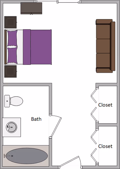 Floor plan of a living space at The Retreat at Loganville showing a bedroom area with a bed, two nightstands, a sofa, two closets, and an attached bathroom with a toilet, sink, and bathtub.