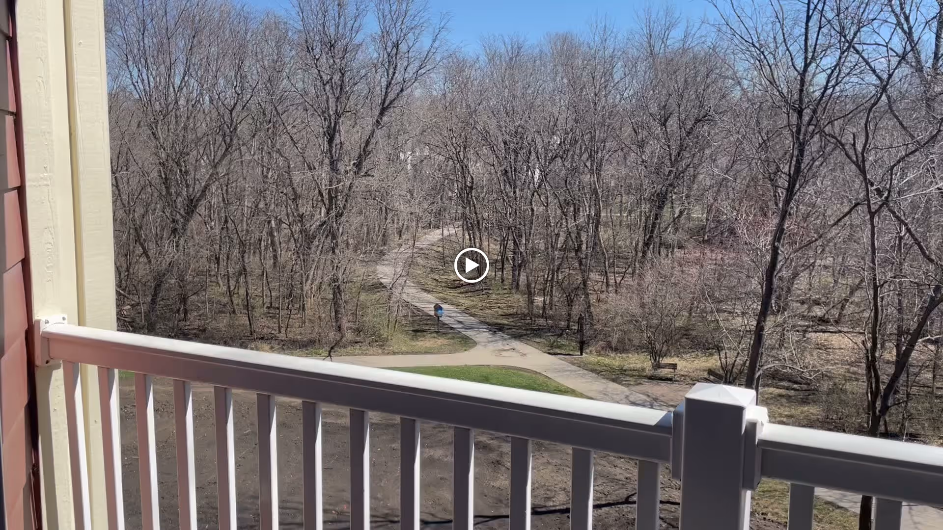 View from a balcony railing overlooking a wooded area with leafless trees and a winding paved path.