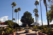Outdoor courtyard area with tall palm trees, a central multi-tiered fountain, patio tables with umbrellas, and surrounding greenery under a blue sky with scattered clouds.