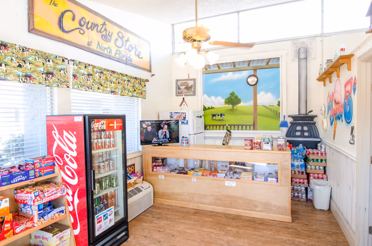 Interior of a small country store with a Coca-Cola refrigerator stocked with drinks, shelves with snacks, a wooden counter displaying various items, a ceiling fan with lights, and a mural of a countryside scene with cows on the back wall.