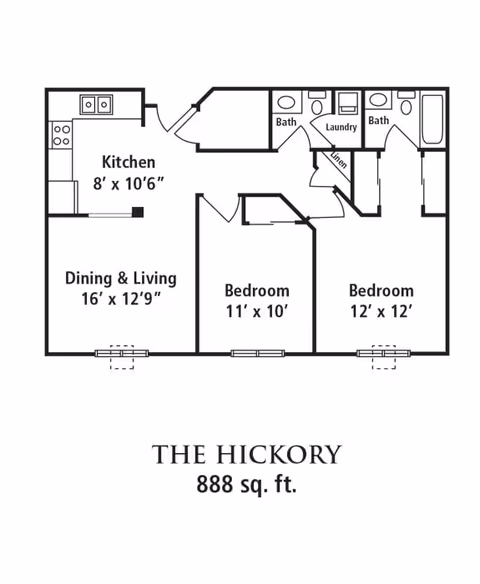 Floor plan of The Hickory apartment with 888 square feet, featuring a kitchen measuring 8 by 10 feet 6 inches, a combined dining and living area measuring 16 by 12 feet 9 inches, two bedrooms measuring 11 by 10 feet and 12 by 12 feet, two bathrooms, a laundry area, and a linen closet.
