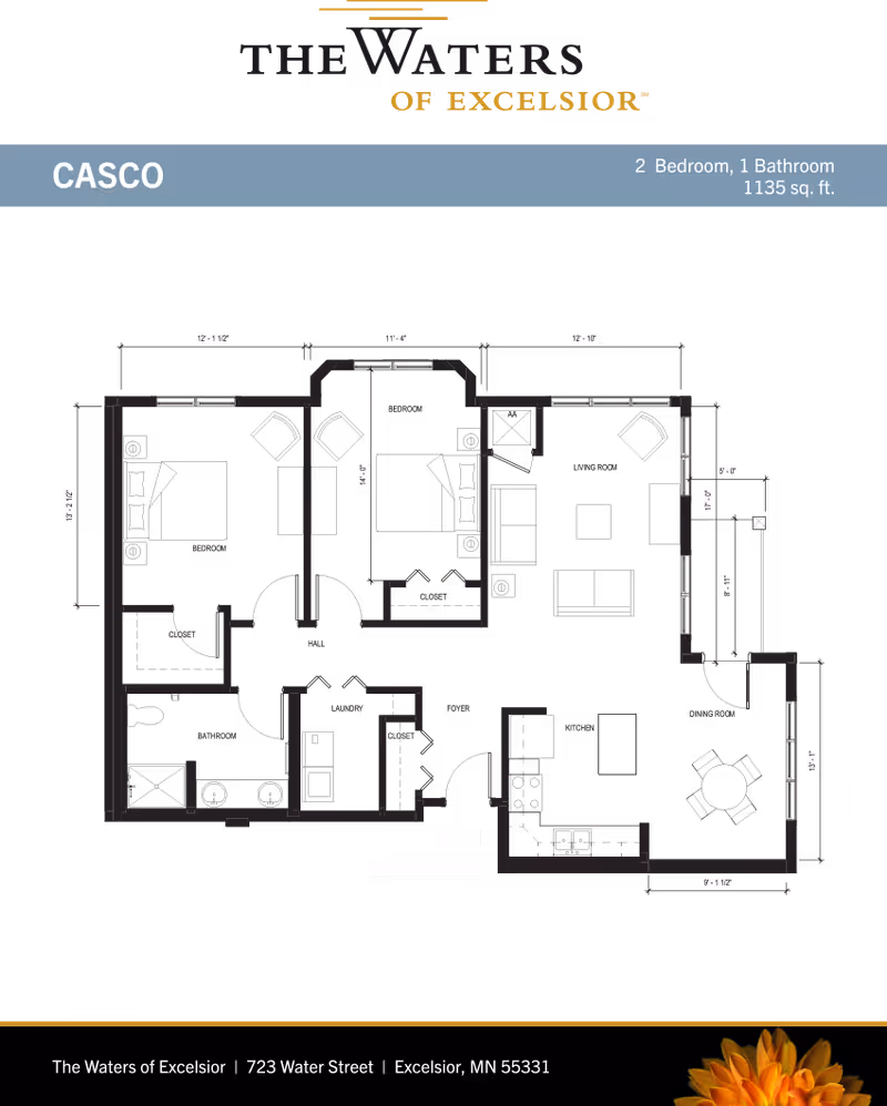 Floor plan labeled 'CASCO' showing the two-bedroom, one-bath 1,135 sq. ft. apartment layout for The Waters of Excelsior.