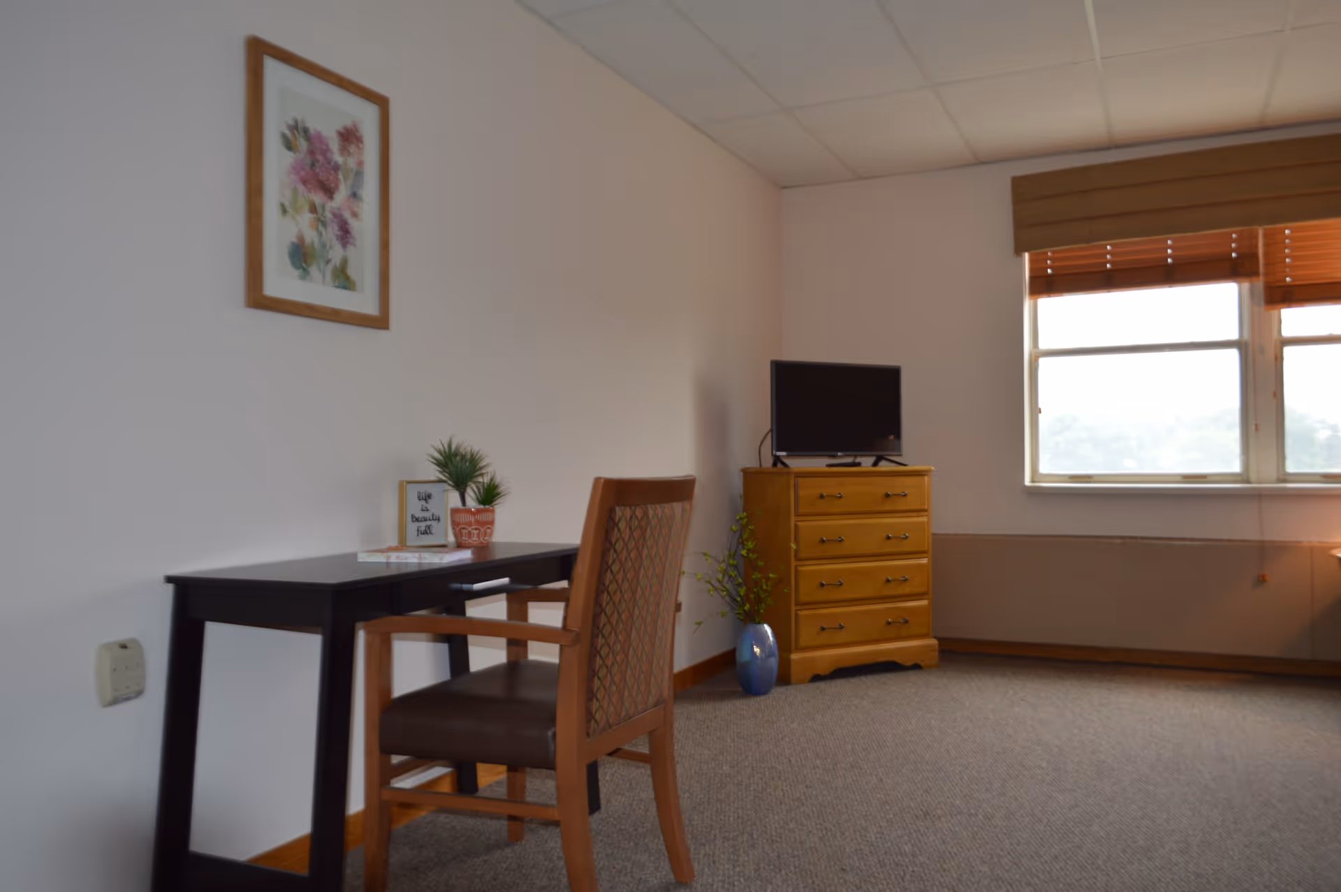 A simple room with a wooden desk and chair on the left side, a small potted plant and a framed quote on the desk. On the right side, there is a wooden dresser with a small flat-screen TV on top. A window with wooden blinds allows natural light into the room. The walls are plain with a framed floral picture hanging above the desk.