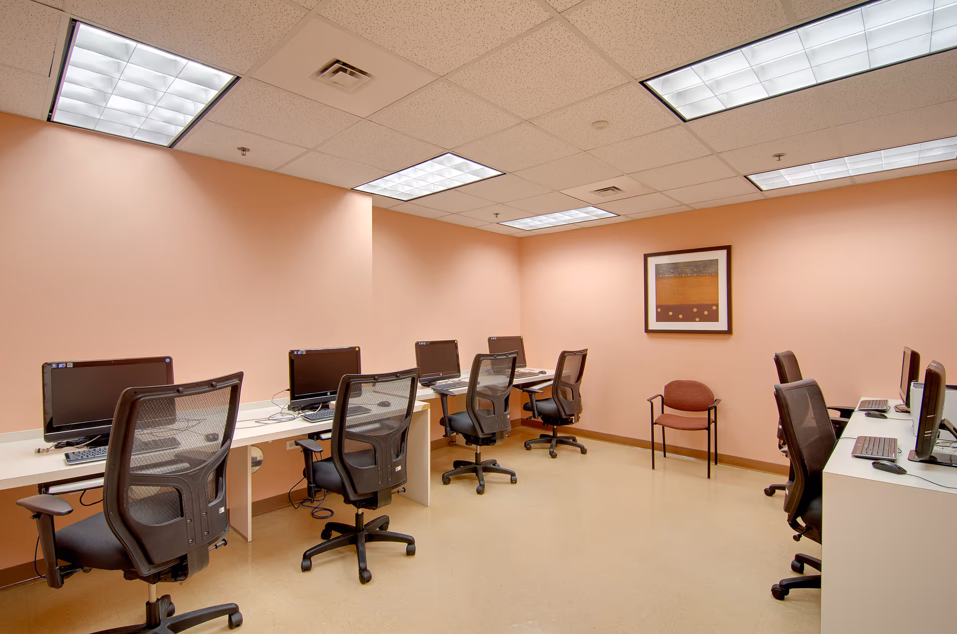 A computer room with multiple desktop computers on white desks arranged along two walls. Each computer has a black mesh office chair in front of it. The walls are painted peach, and there is a framed abstract artwork on one wall. The room has a beige floor and a drop ceiling with fluorescent lights.