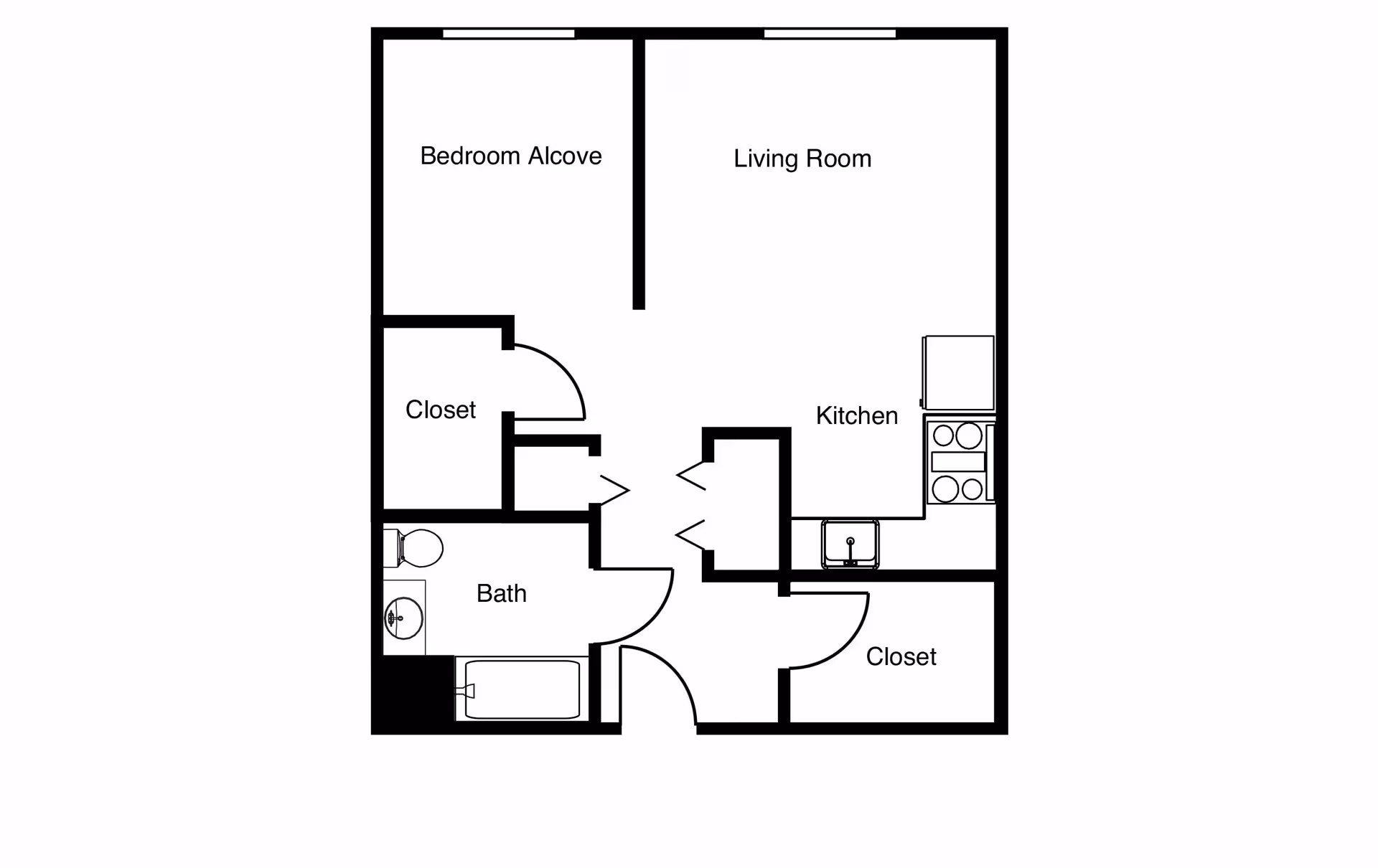 Floor plan layout showing a bedroom alcove, living room, kitchen, bath, and two closets.