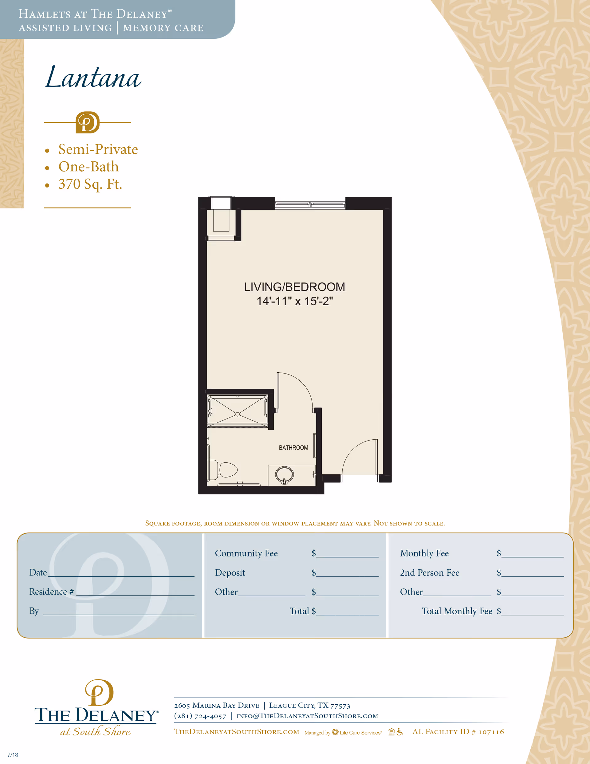 Floor plan layout of a semi-private assisted living unit named Lantana at The Delaney at South Shore, showing a living/bedroom area measuring 14 feet 11 inches by 15 feet 2 inches, and a bathroom with a toilet and sink. The plan includes space for a closet and an entry door.