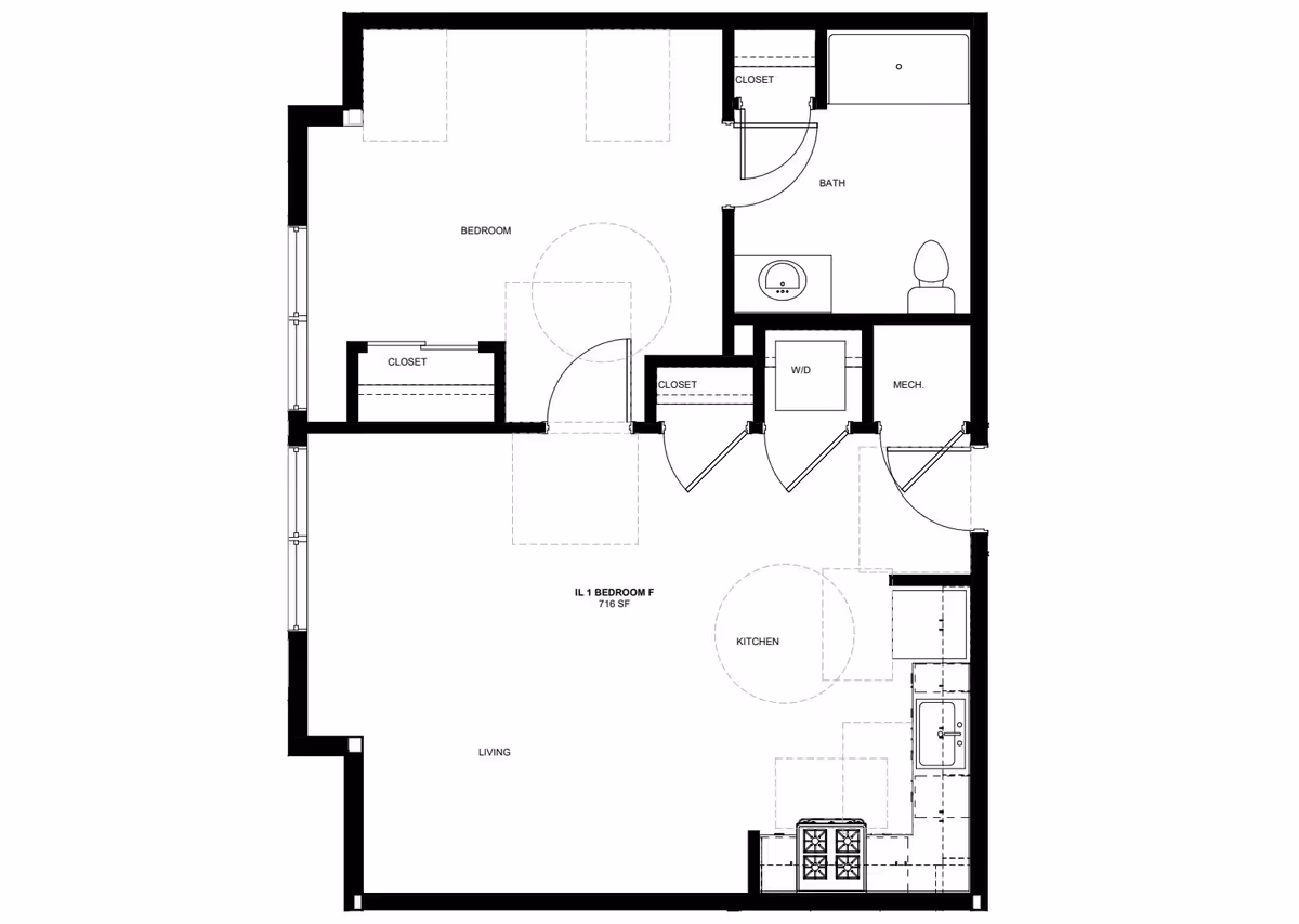 Architectural floor plan of a one-bedroom apartment unit labeled IL 1 Bedroom F with 716 square feet. The layout includes a bedroom with two closets, a bathroom with a sink, toilet, and bathtub, a kitchen area with a stove and sink, a living area, a washer/dryer closet, and a mechanical room.