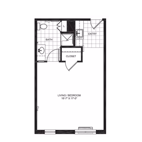 Architectural floor plan of a studio apartment at Harmony at Falls Run, showing an entry area, a combined living and bedroom space measuring 16 feet 7 inches by 17 feet 5 inches, a closet, and a bathroom with a toilet, sink, and shower.