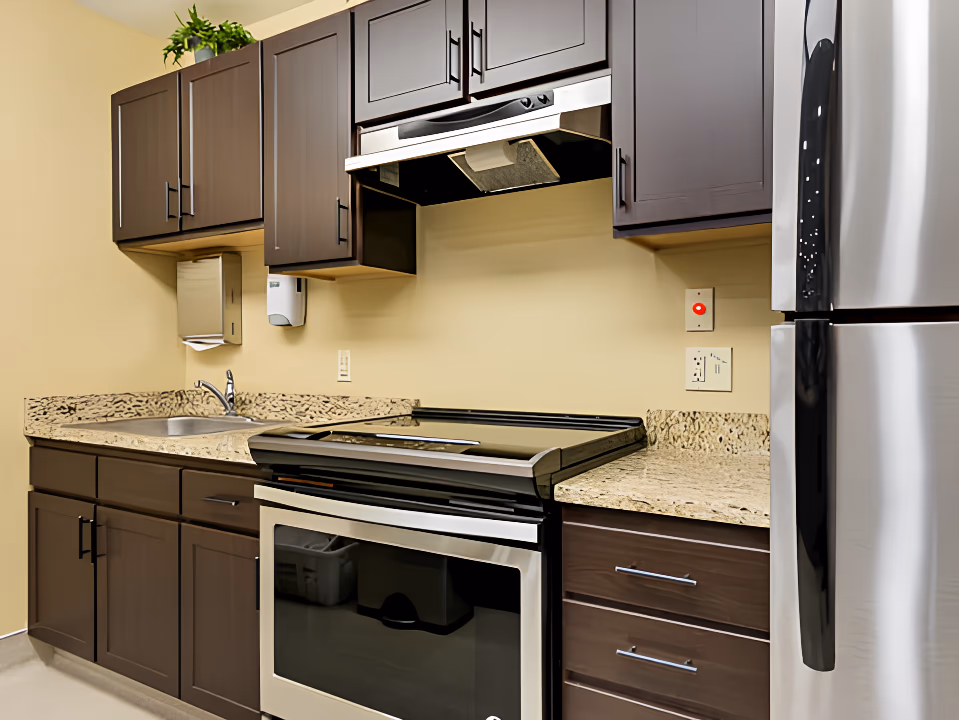 A modern kitchen area with dark brown cabinets, a granite countertop, a stainless steel sink, an electric stove with an overhead range hood, and a stainless steel refrigerator. The walls are painted beige, and there is a small green plant on top of the upper cabinets.