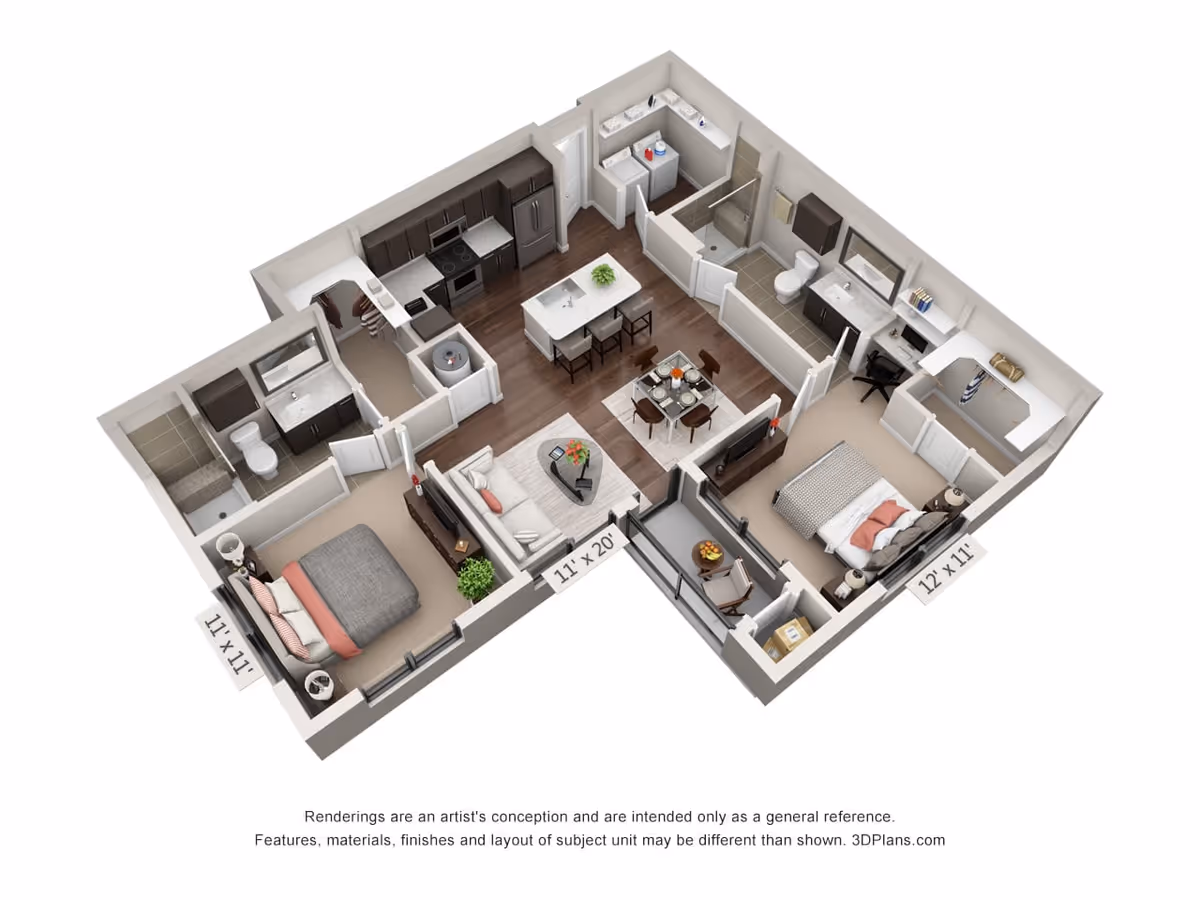 3D floor plan of a two-bedroom apartment featuring a kitchen with an island and bar stools, a dining area with a table and four chairs, a living room with a sofa and coffee table, two bedrooms with beds and nightstands, two bathrooms, and a small laundry area.