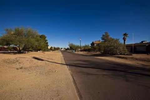 Desert suburban street with sparse trees, low houses, and a clear blue sky.