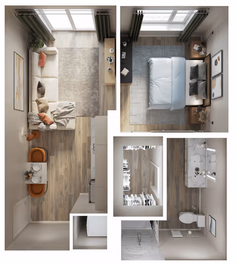Top-down view of a senior living apartment layout showing a living room with a beige sectional sofa, a rug, and a TV stand; a bedroom with a bed, nightstands, and wall art; a walk-in closet with shelves and hanging clothes; and a bathroom with a shower, toilet, and sink.