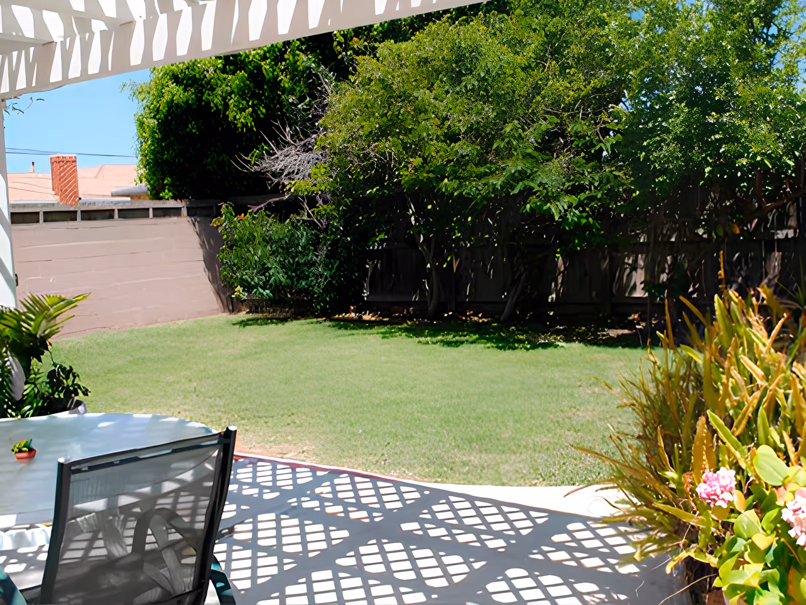 View of a backyard garden area with green grass, various bushes and trees along a wooden fence. In the foreground, there is a patio with a white lattice overhead casting patterned shadows on the ground and a glass table with a chair. Some potted plants and flowers are also visible near the patio.